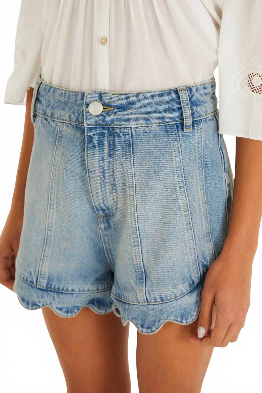 NEW FARM RIO romantic ruffle hem denim shorts in blue